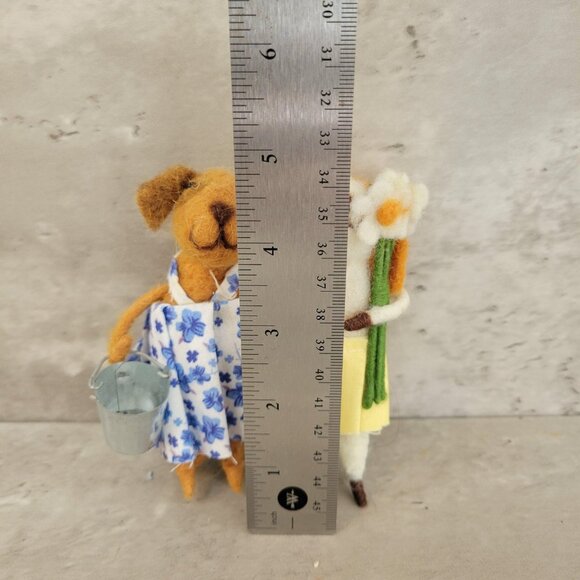 Handmade Felted Dog Dolls Pair Floral Dress Skirt Spring Decor Cute Animal - Picture 2 of 9